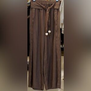 ELAN Tie Side Linen Wide-Leg Cover Up Pants in Brown Size Small